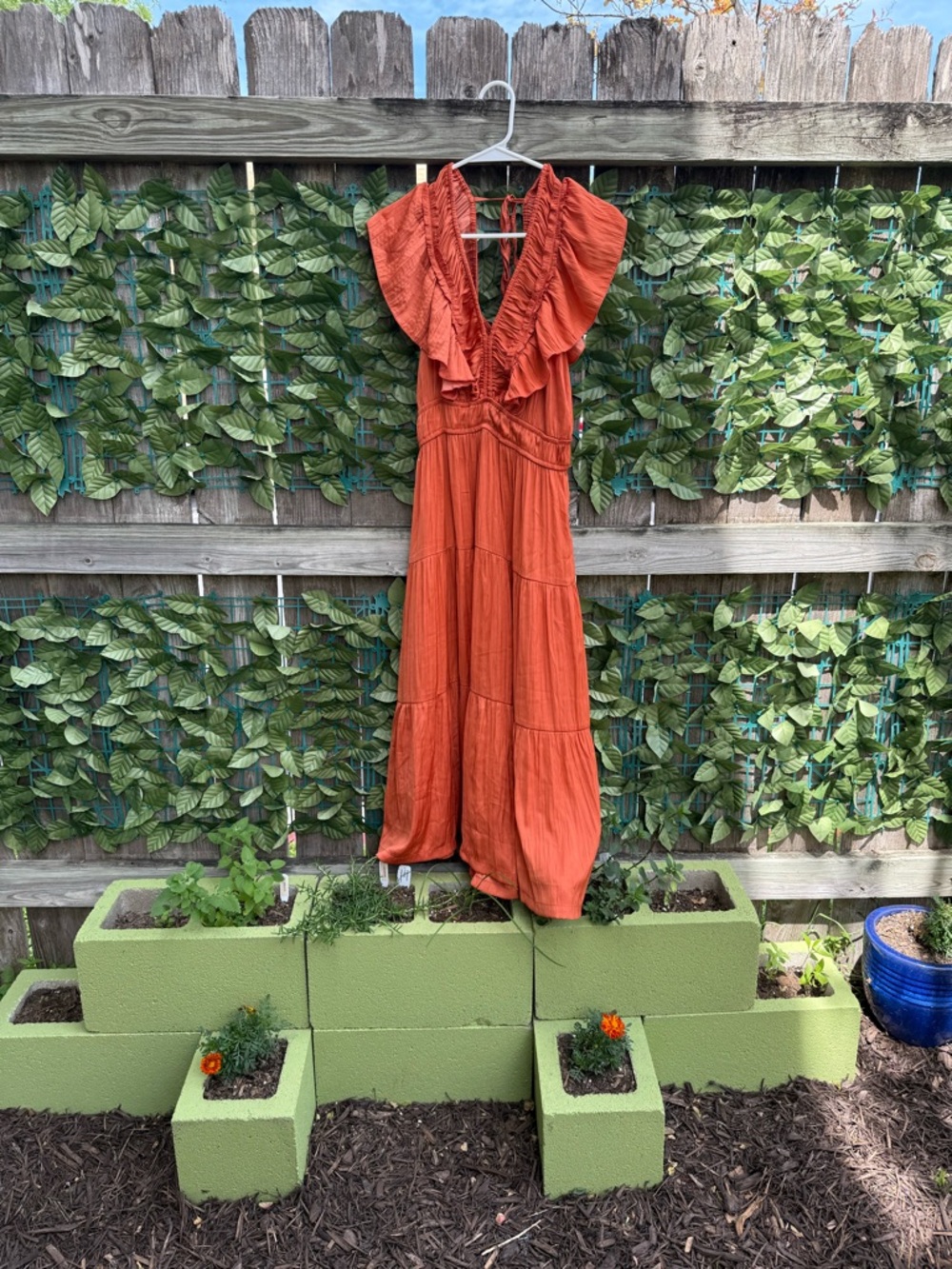 Tahari Ruffled V-Neck Maxi Dress in Rust Orange